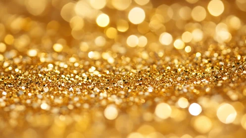 Gold glitter surface is photographed with shallow depth of field