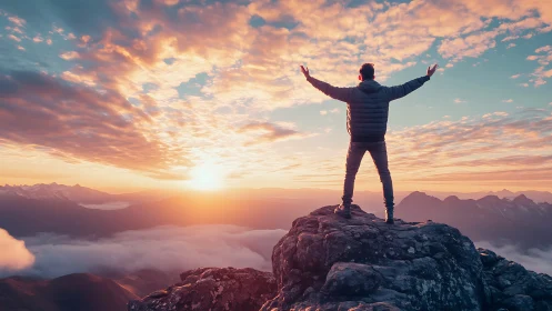 Hiker celebrates sunrise on mountain summit above cloud sea.