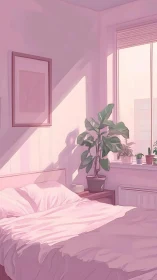 Sunlit bedroom interior with bed, window, and houseplants.
