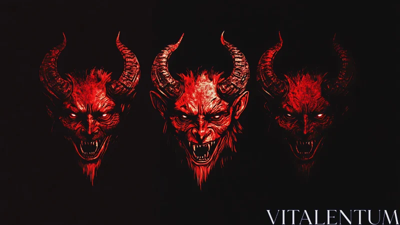 Three horned devils roar from darkness in burning scarlet rage