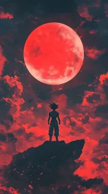 Silhouetted warrior stands beneath huge red moon sky.