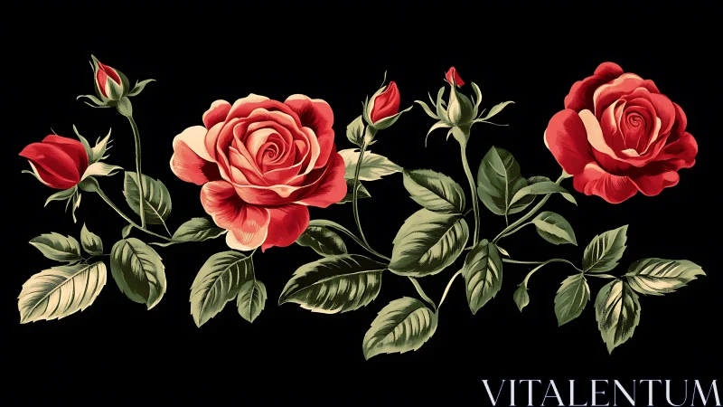 Red Roses Against Black. Classical Botanical Study.