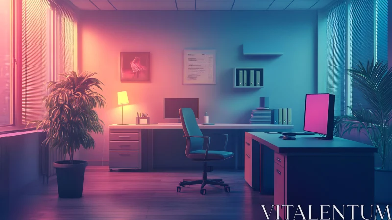 Modern office interior glows under vivid sunset lighting