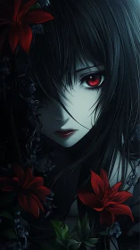 Crimson eyed midnight muse entwined in shadowed lilies.
