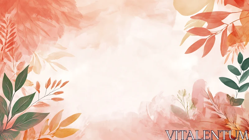 Soft coral foliage drifts around a quiet watercolor sky