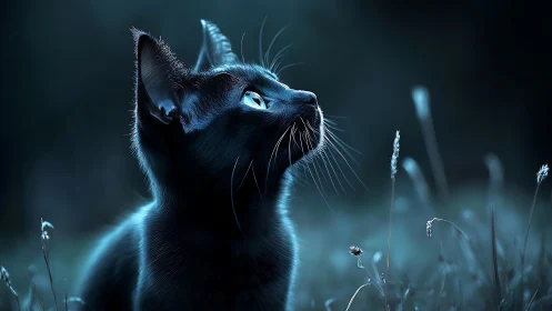 Luminous Black Cat Gazing Upward in Mystical Field.