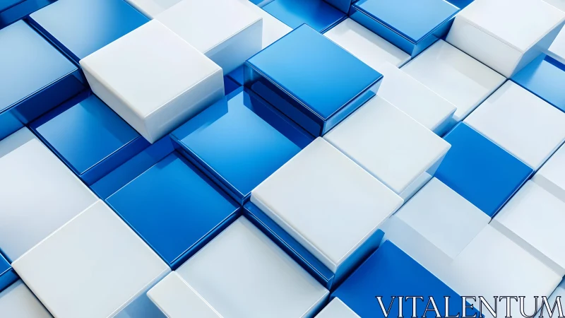 Blue and white 3D square blocks in layered geometric grid.