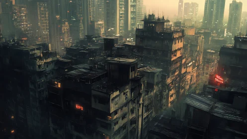 Cyberpunk slum towers under neon haze and high-rises.