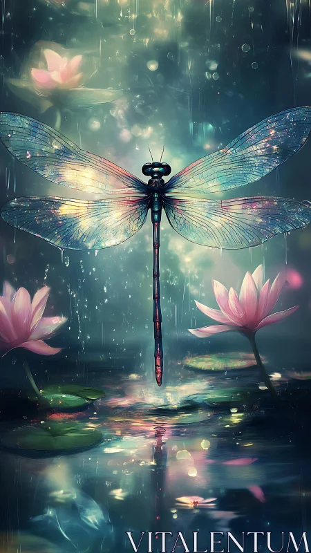 Dragonfly over reflective pond with lotus flowers at dusk.