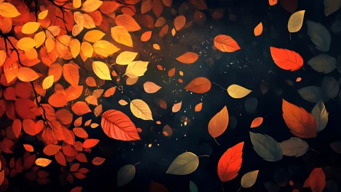 Vibrant autumn leaves swirling against dark background.