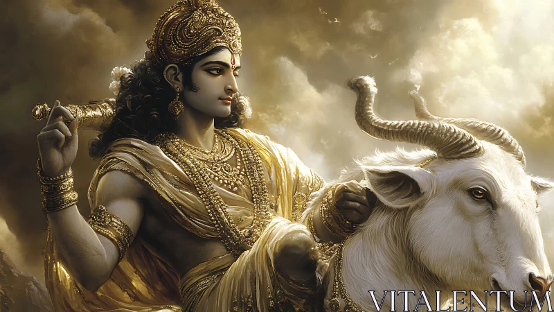 Digital figure with ornate gold attire rides white horned bovine