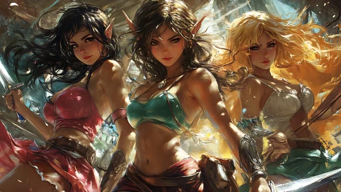 Three armed elf women stand in dynamic frontal formation