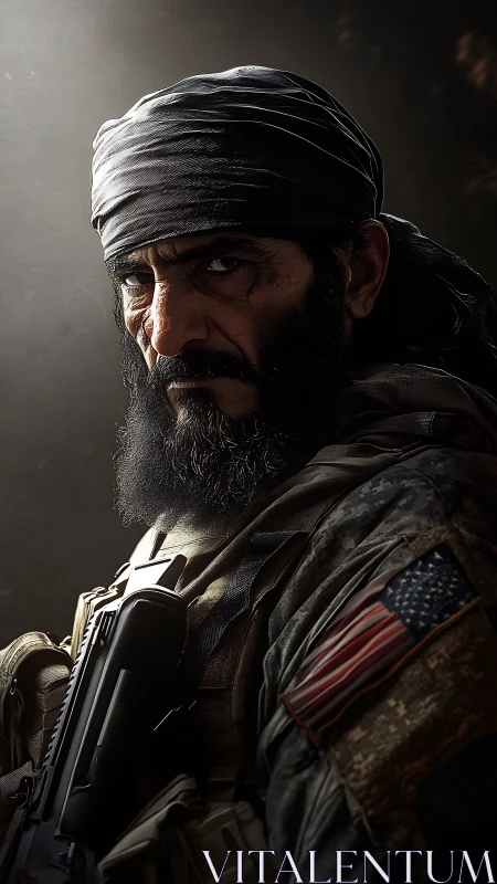 Brooding tactical soldier portrait under dramatic side light.