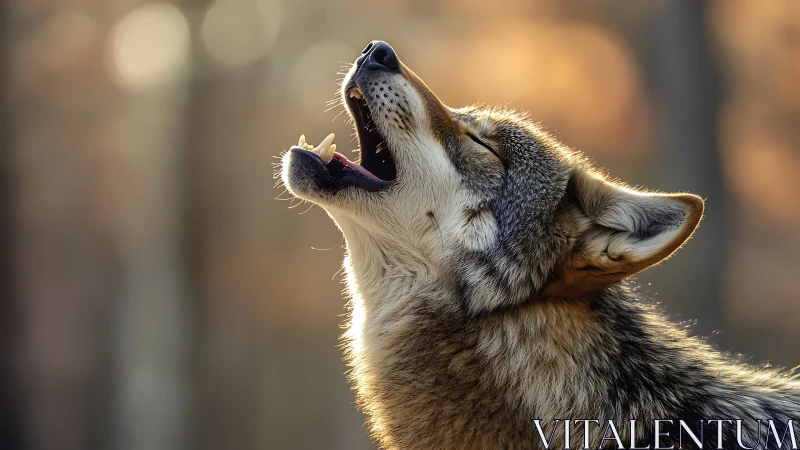 Howling wolf profile catches golden forest backlight perfectly.
