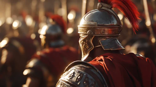 Sunlit Roman legionary in polished armor amid marching ranks.