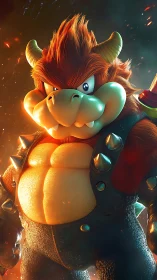 Fiery turtle warrior glows with bold, playful attitude.