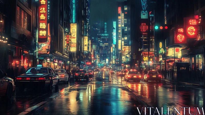 Neon-saturated rainy avenue with taxis and dense vertical signage.