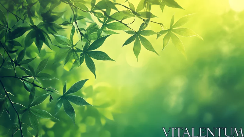 Green maple leaves hang against softly blurred sunlight background