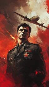 Military officer portrait under bomber aircraft in flames.