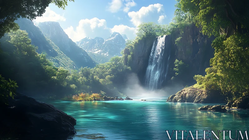 Sunlit waterfall lagoon cradled by misty emerald mountains.