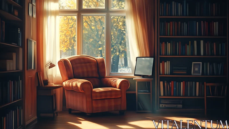 Sunlit reading nook with armchair and curated home library.