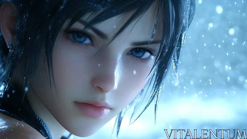 Close digital portrait studies wet-haired subject in snowfall