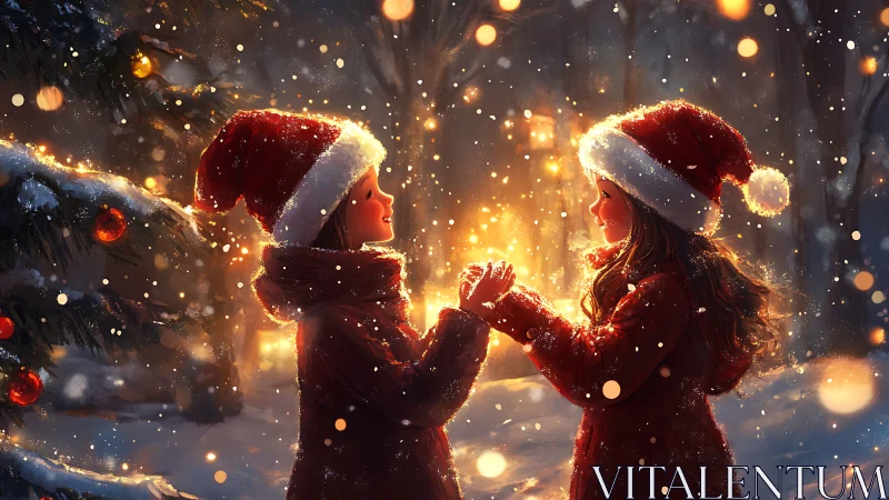 Christmas magic glows between children on a snowy night.