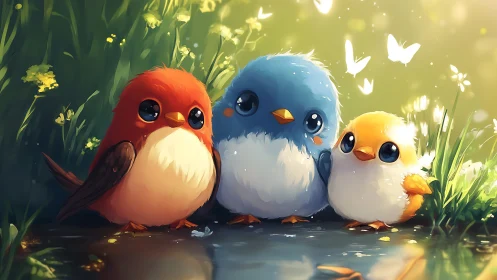 Three Cute Cartoon Birds in a Lush Garden, Soft Pastel Illustration.