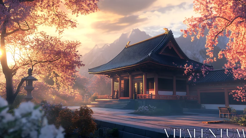 Serene temple courtyard under glowing cherry blossoms at dusk.