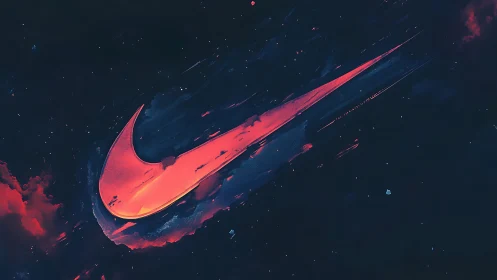 Neon swoosh streaking through cosmic midnight sky.