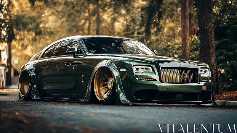 Green widebody luxury sedan with extreme lowered stance.