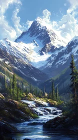 Snow-capped mountain towers above cascading forest river