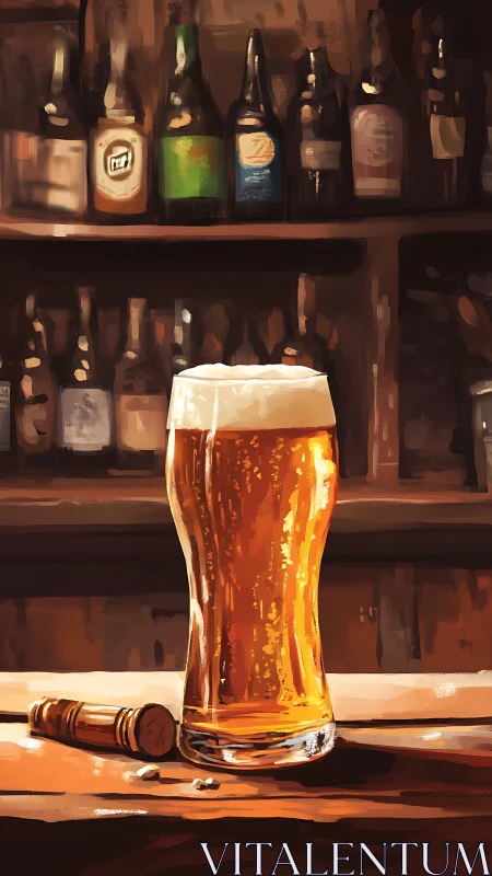 Amber ale glows against a storytelling wall of bottles.