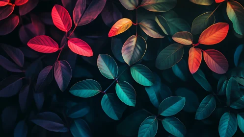 Glowing rainbow leaves in a dreamy twilight garden.