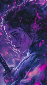 Scarred warrior grips sword amid violet glowing embers