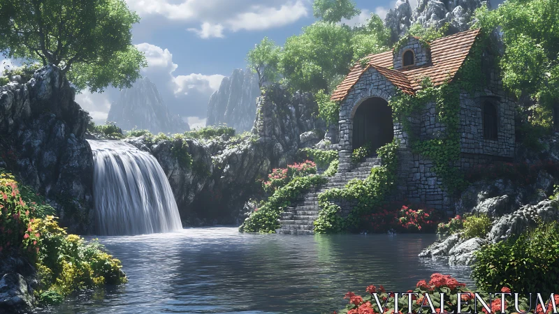 Stone cottage by waterfall in lush mountain garden valley.