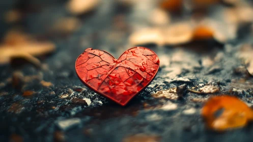 Glowing Red Heart Rests Among Autumn Leaves