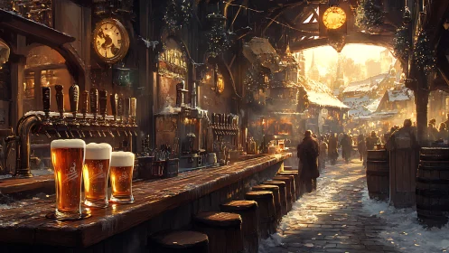 Snowy tavern street glows with warm beer hall lights
