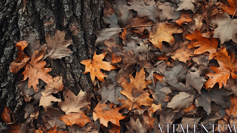 Autumn oak leaves rest softly against dark textured tree bark