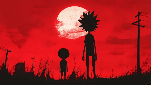 Bold red sunset welcomes two travelers into a quiet horizon