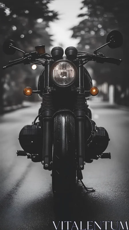 Front view of black motorcycle on wet urban roadway.