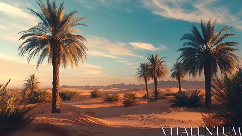 Sunlit desert oasis with tall palm trees and soft dunes