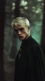 Blond wizard student stands brooding in misty forest corridor.