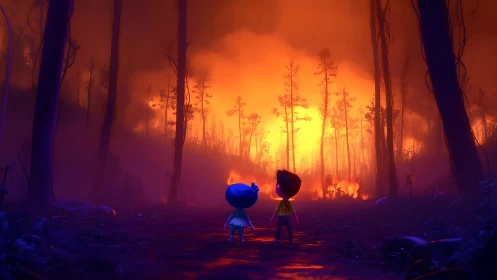 Luminous silhouettes confront wildfire intensity in stylized forest conflagration rendering