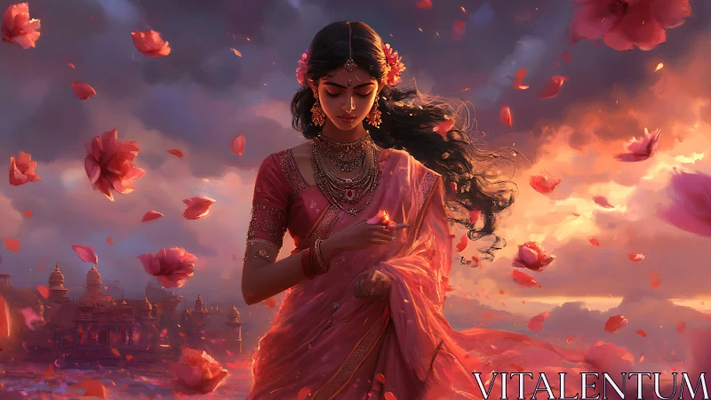 Serene woman in pink saree embraces petals at glowing sunset