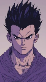 Stoic anime warrior portrait under muted violet light.