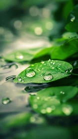Close-up shows water droplets resting on overlapping green leaves