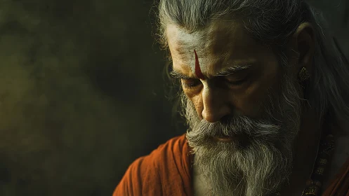 Saffron-robed sage in meditative shadow and molten light.