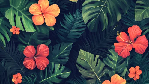 Tropical Hibiscus Flowers with Palm Leaves.