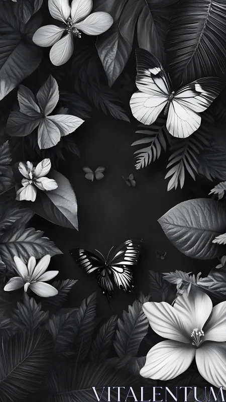 Monochrome tropical foliage with high-contrast butterflies cluster